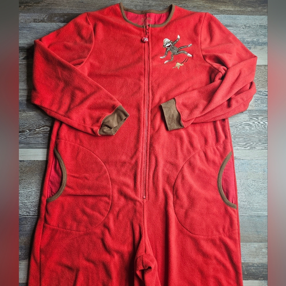 Nick & Nora Sock Monkey Pajamas PJs Sleepwear Red Full Zip Unisex Medium